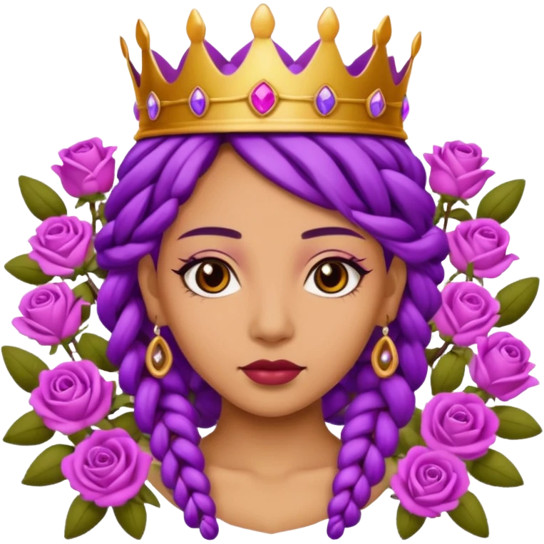 Crown Olive skin queen with purple braids, brown eyes surrounded by roses emoji