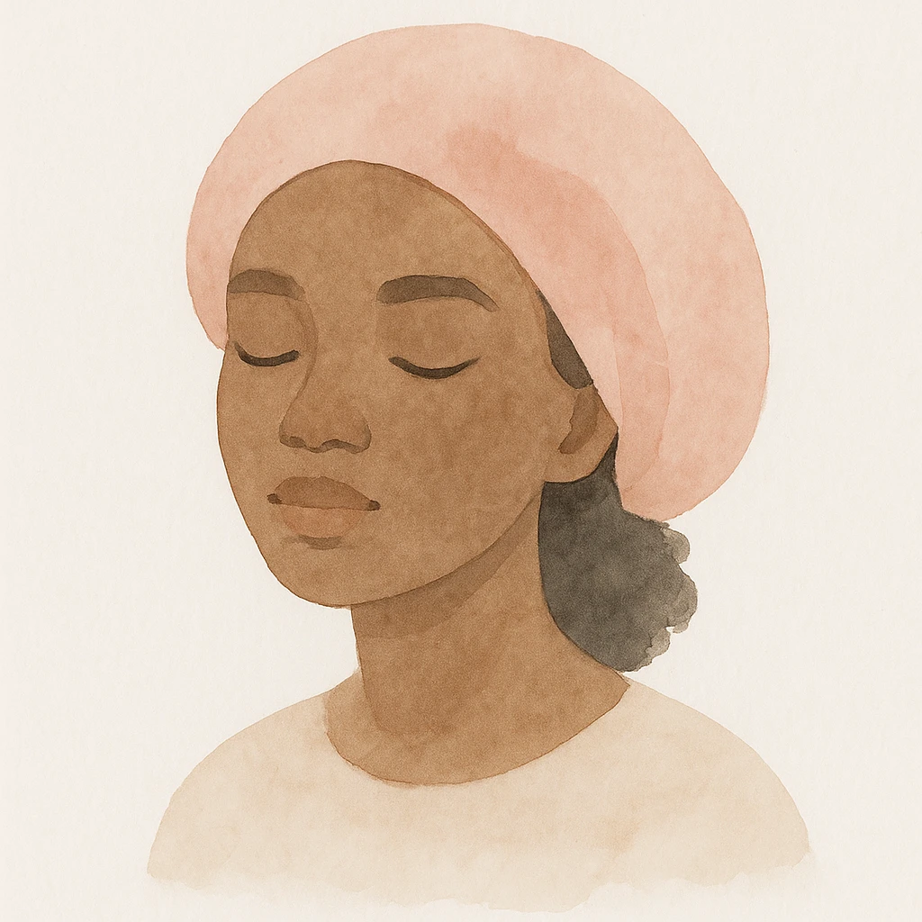 black girl with eyes closed wearing a pink bonnet, gentle watercolor style emoji