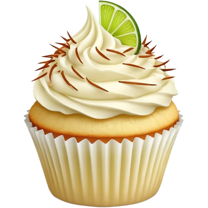 Vanilla cupcake with vanilla frosting with shredded toasted coconut on top and lime emoji