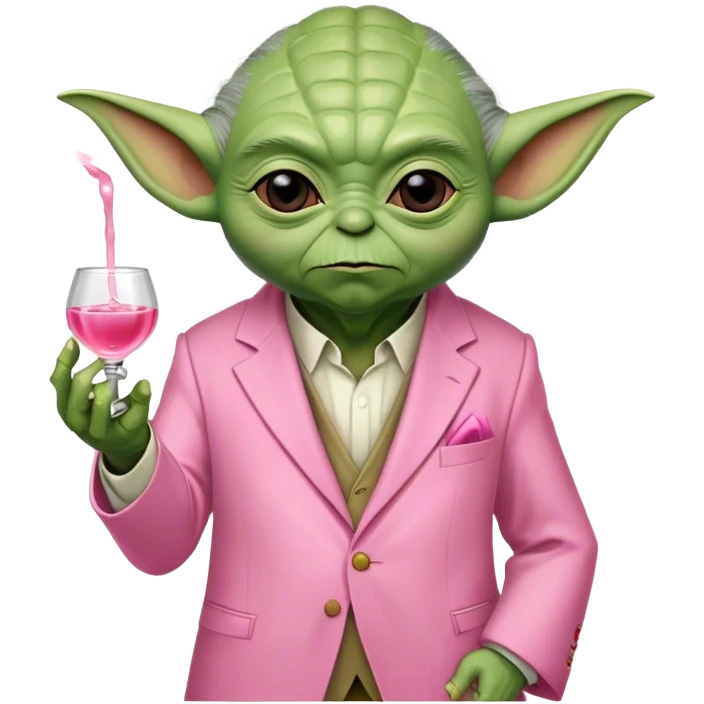 Master Yoda in pink suit, holding small pink tequila shot emoji