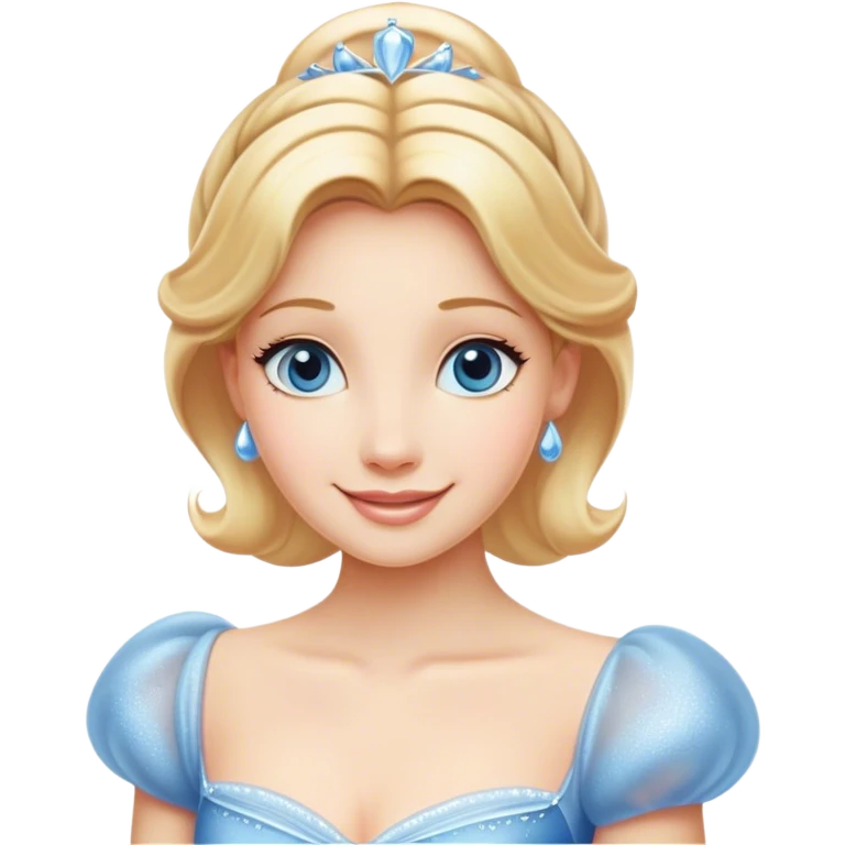 Cinematic Radiant Cinderella Portrait Emoji, rendered in a clean vector-style with bold proportions. Show Cinderella with a warm, serene smile, fair skin, and lustrous blonde hair, wearing a simple yet elegant dress that shimmers with gentle light. The image glows with an inviting, soft radiance and high shine, embodying timeless beauty. emoji