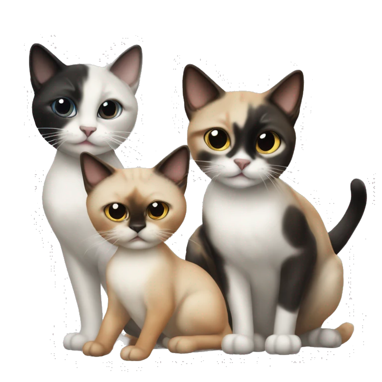 3 cats playing, one Siamese, one black and white and one orange emoji