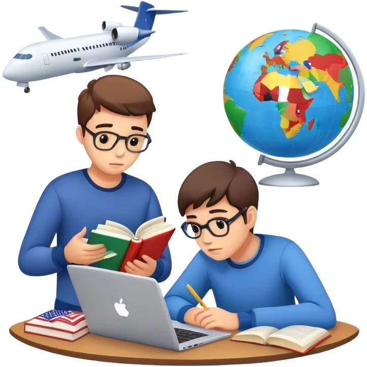 "A worried parent reading a book about exams 📖😟, a teenager studying with a laptop 💻📚, a globe with flags of different countries 🌍🏳️‍🌈, and an airplane taking off ✈️. emoji