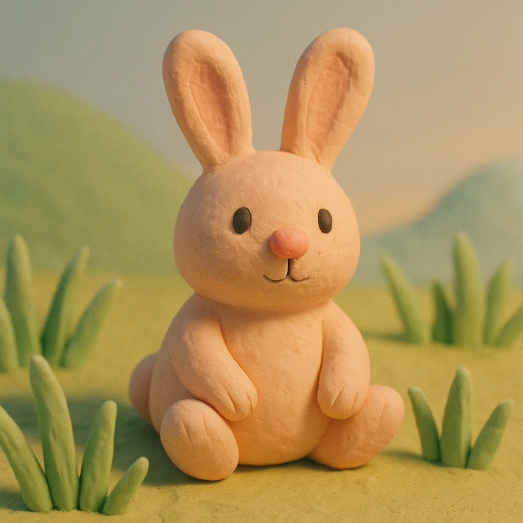 rabbit sitting in grass, pastel colors, visible fingerprints, cute and playful, claymation style emoji