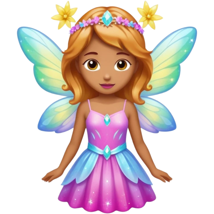 Earthreal sparkly angelic mystical magical shiny pretty Fairy. Caramel skin. White, hot pink and light blue and lavender and light green and light yellow  emoji