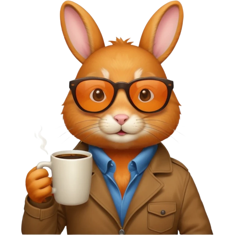 Orange rabbit, wearing brown jacket, sunglasses, holding coffee mug emoji