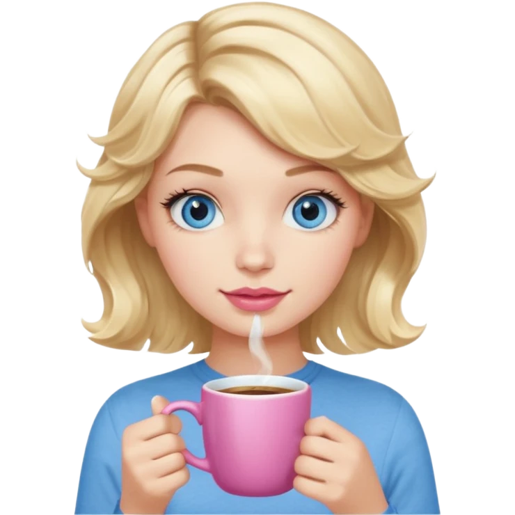 Girl Blonde short wavy hair,  blue eyes, cute blue top, long lashes, pink lips, holding white hot coffee mug emoji