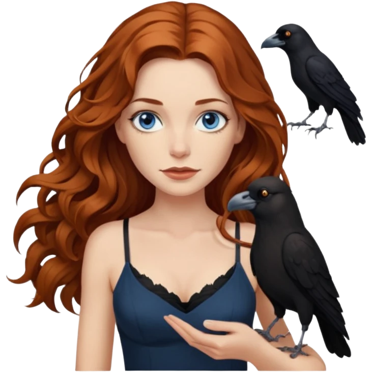 J9hn Constantine and Long wavy Auburn hair woman BLUE eyes wearing black cami and a crow emoji