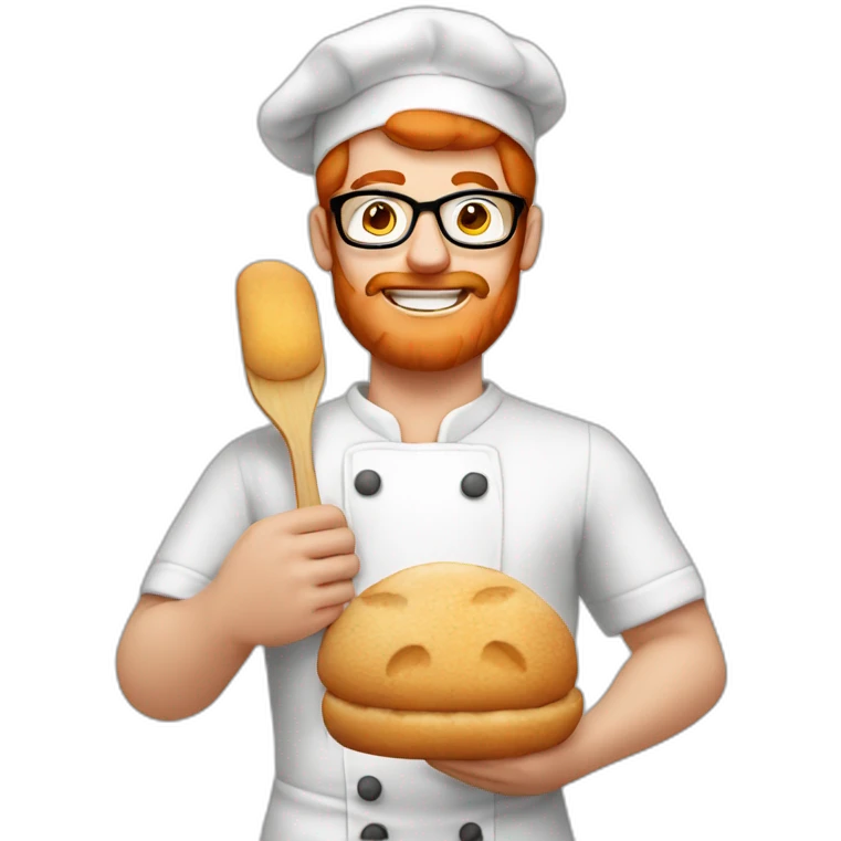 a redhead man eating bread dressed as a baker wearing glasses emoji