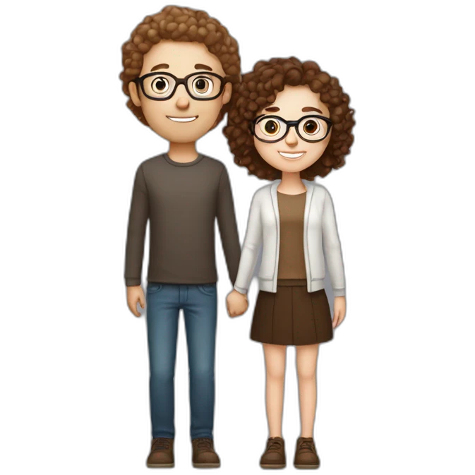 couple holding hands, white girl with round silver glasses and really short brown curly hair, tall white man with brown round glasses and short curly brown hair emoji