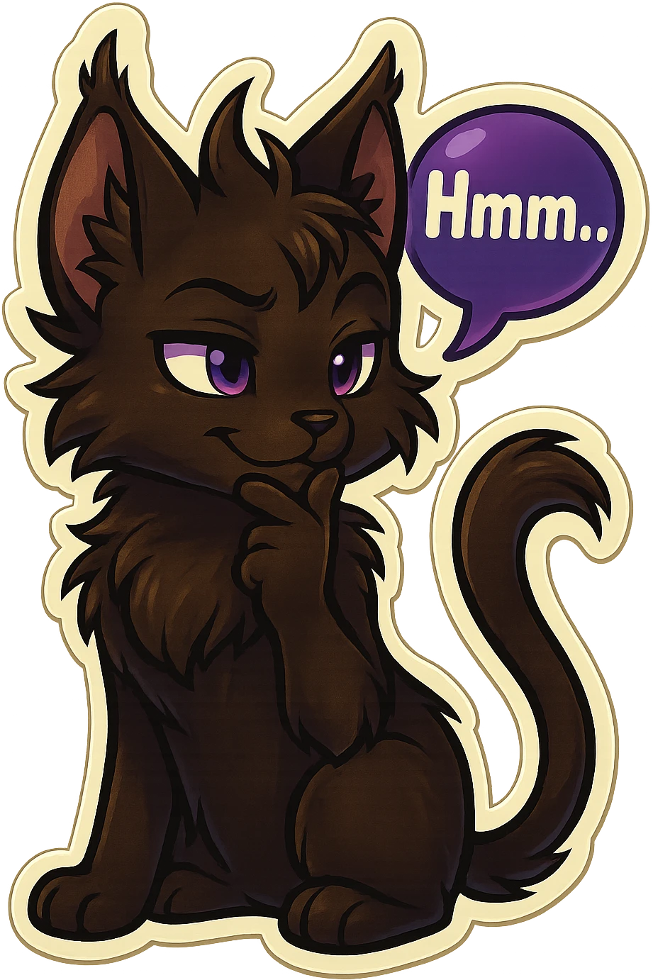 a dark-brown fluffy cute kawaii anthropomorphic furry anime cat-furry with tufted ears and a long thin tufted tail, thinking, smirking thoughtfully, saying “Hmm..” with a purple speech bubble, (cartoon style) (cute anime style) (furry style) (deviantArt style) (artist style: Kamirah) emoji