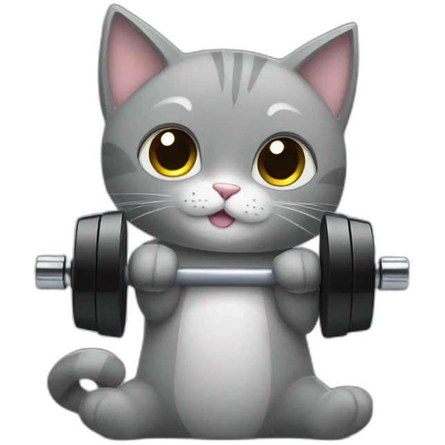 Super cute grey cat working out with black dumbbells bar emoji