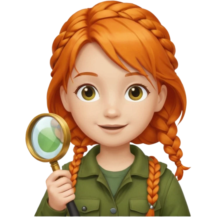braid orange haired girl kid in moss green explorer outfit, holding magnifying glass, smile emoji
