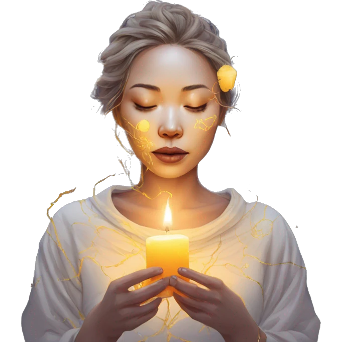 Kintsugi person melting into graffiti galaxies with candles lanterns and fairy lights emoji