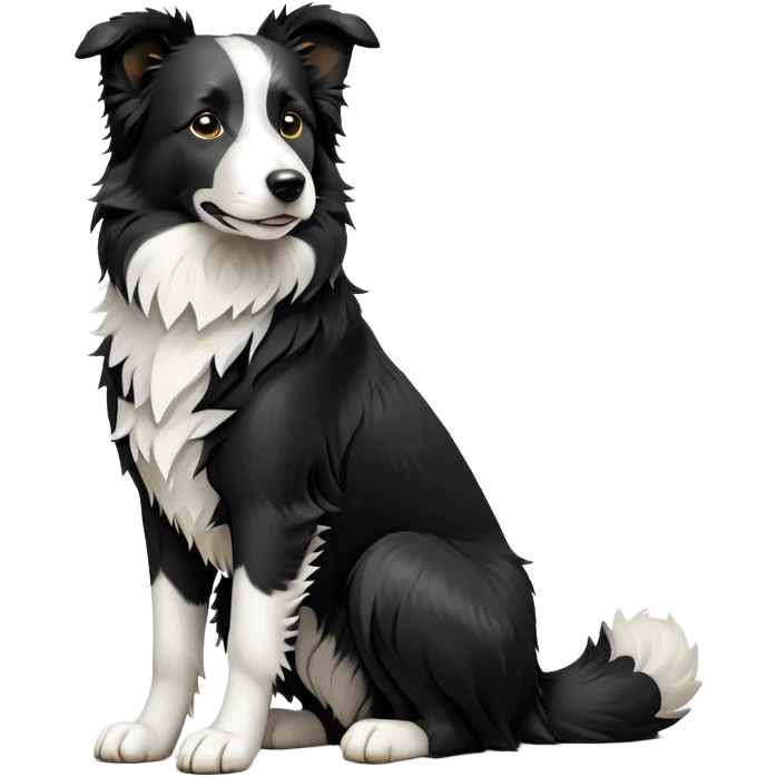 cinematic-[border collie dog]-realistic-full-body-sitting-emoji,-tail-resting-loosely-beside-its-paws,-head-tilted-dramatically,-scruffy-[black and white]-fur,-simplified-yet-realistic-focused-features,-highly-detailed,-glowing-with-an-almost-sarcastic-glow emoji