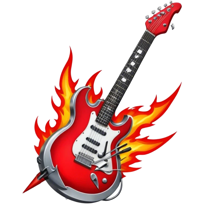 Create a bold and powerful emoji representing rock vocal performance in a humanless collage. The design should feature a vintage microphone at the center, surrounded by a heavy, aggressive hardcore electric guitar with sharp, jagged edges. Include crossed drumsticks behind the guitar, symbolizing the intense rhythm of rock music. Add fiery elements like flames or lightning bolts to enhance the raw energy of the design. Use dark, bold colors like black, red, and silver, with metallic or chrome accents to reflect the rebellious, hard-hitting nature of rock. The background should be transparent. emoji