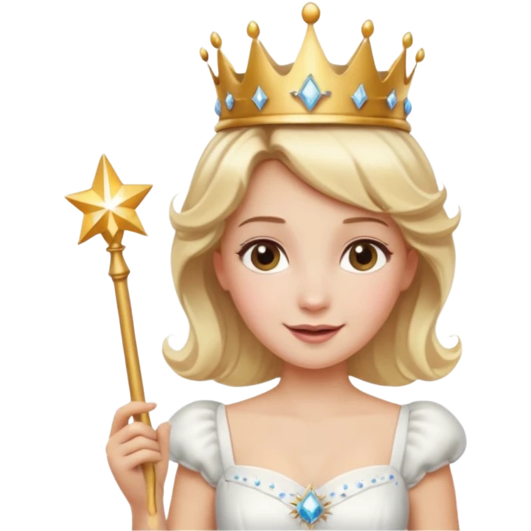 dorothy queen blonde hair, white dress with magic wand, rounded sparcle, and crown on head. emoji