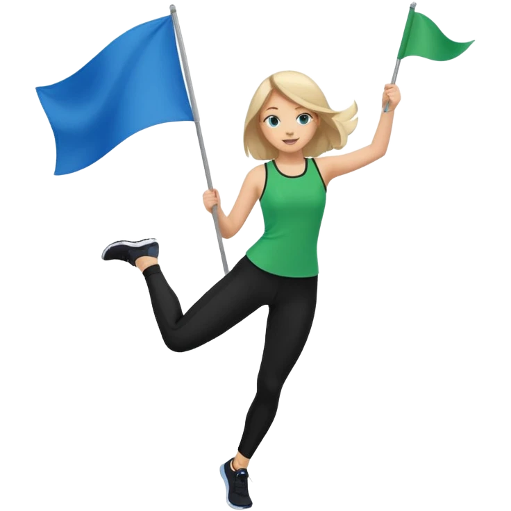 emoji style colorguard girl spinning a green and blue flag, dressed in black leggings and a green and blue top, dynamic movement emoji