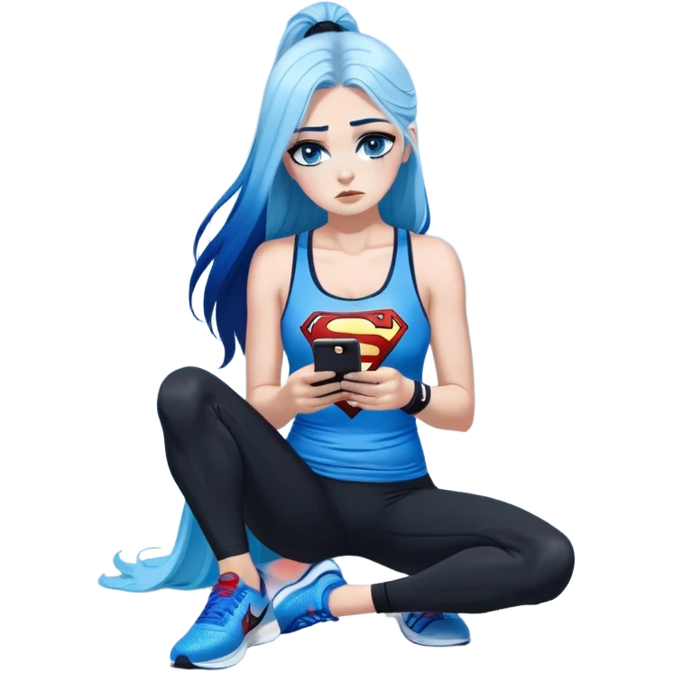 Shameful disappointed crying-very very very very big chest-texting on a samsung cell phone-very long straight flowing black to sky blue hair ombre-blue eyes-black eyeliner-long eyelashes-plastic sparkling sky blue very low cut tank top with sparkling superman logo-black leggings-nike sneakers emoji
