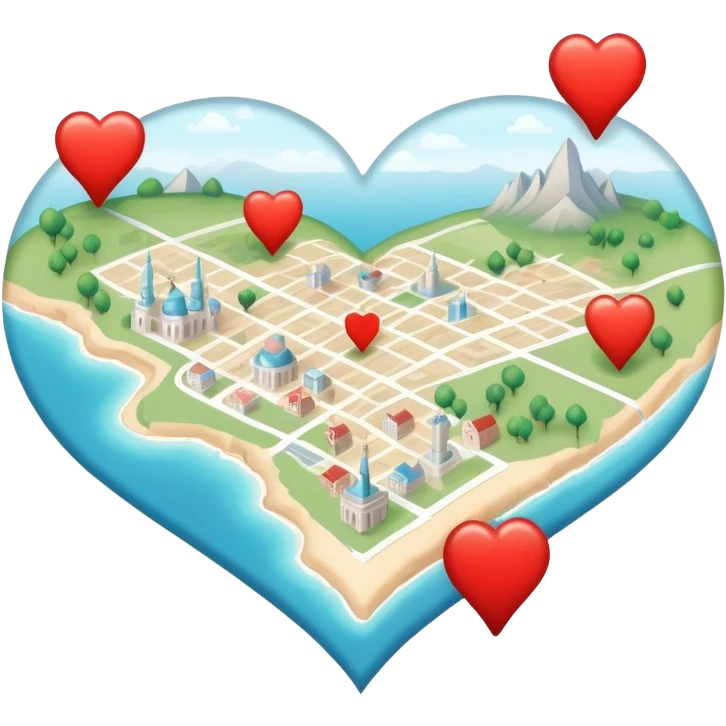 Detailed cartography map with soft ethereal coloring, containing red heart pins marking romantic locations and different symbols for other life experiences emoji