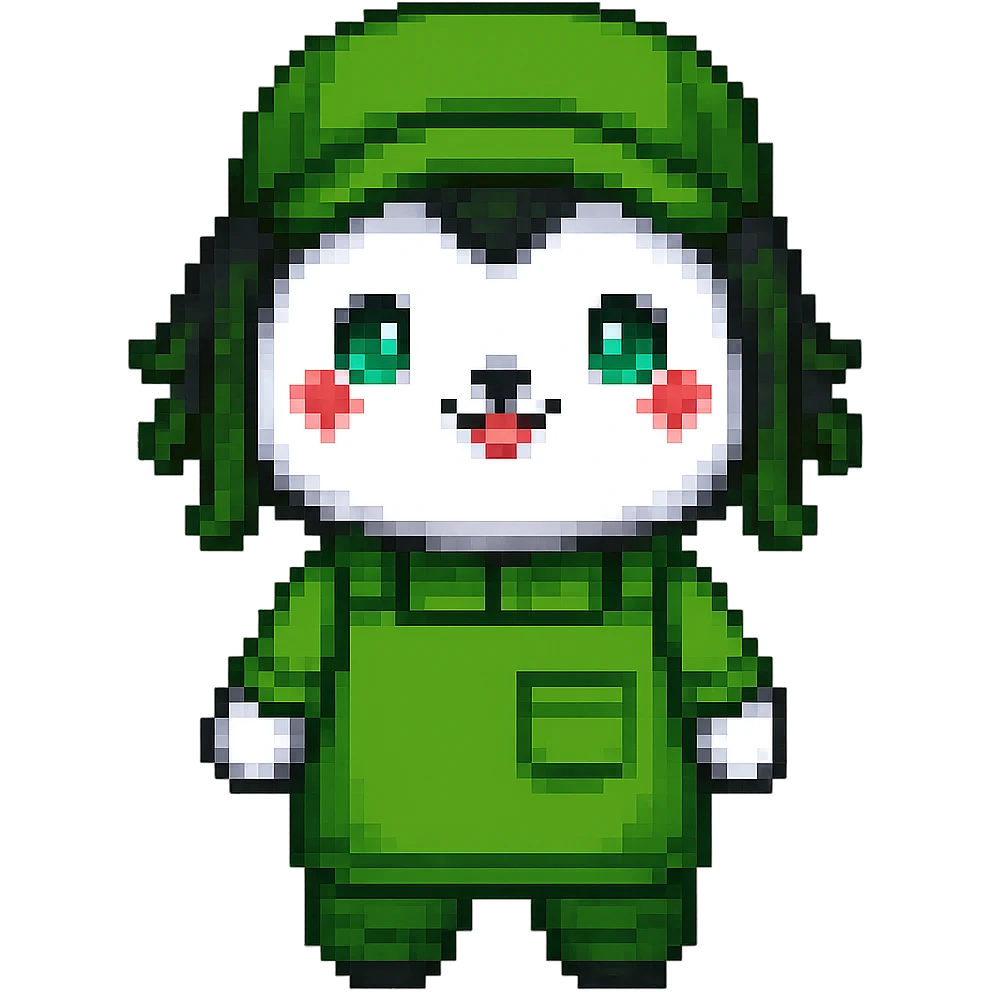 The mascot should be dressed in green clothing typical for grocery store employees, pixel art style emoji