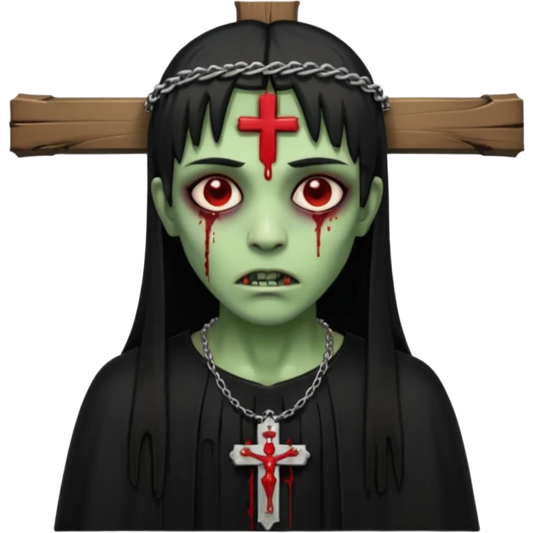 zumbi verde com olhos vermelhos sangrando e franja roupa preta e um crucifixo como colar emoji