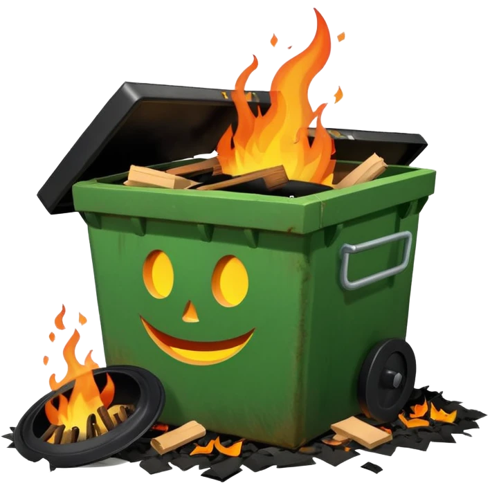 Green smiling dumpster with an open black lid and a fire burning inside it. there is litter and trash on the ground around it emoji