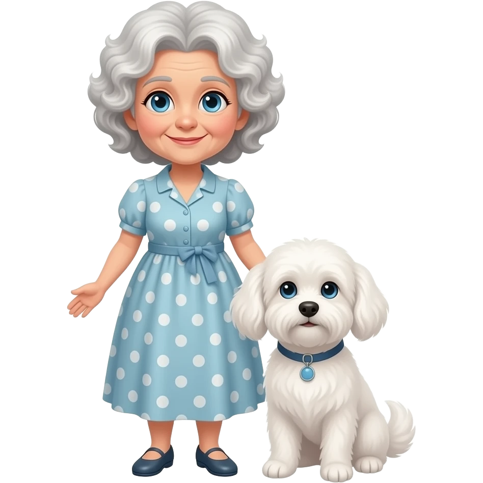 Elderly woman blue eyes very curly hair with maltese dog emoji