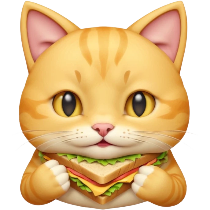 cute yellow cat portrait, head and shoulders only, biting a sandwich, cheeks full, funny expression, 3D cartoon, mobile game icon style, clean background, no text, no watermark
 emoji