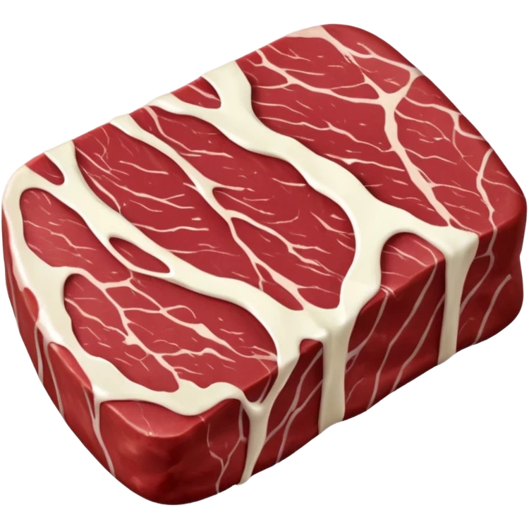 raw beef chuck steak, irregular oval, deep red, creamy white fat streaks, marbling, connective tissue, fresh, moist, thick, no plate, knife, garnish, soft lighting, emoji scale emoji
