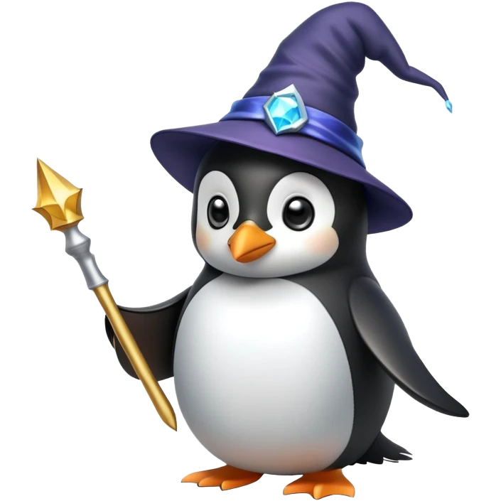 A penguin wearing a wizard hat and holding a magic wand emoji