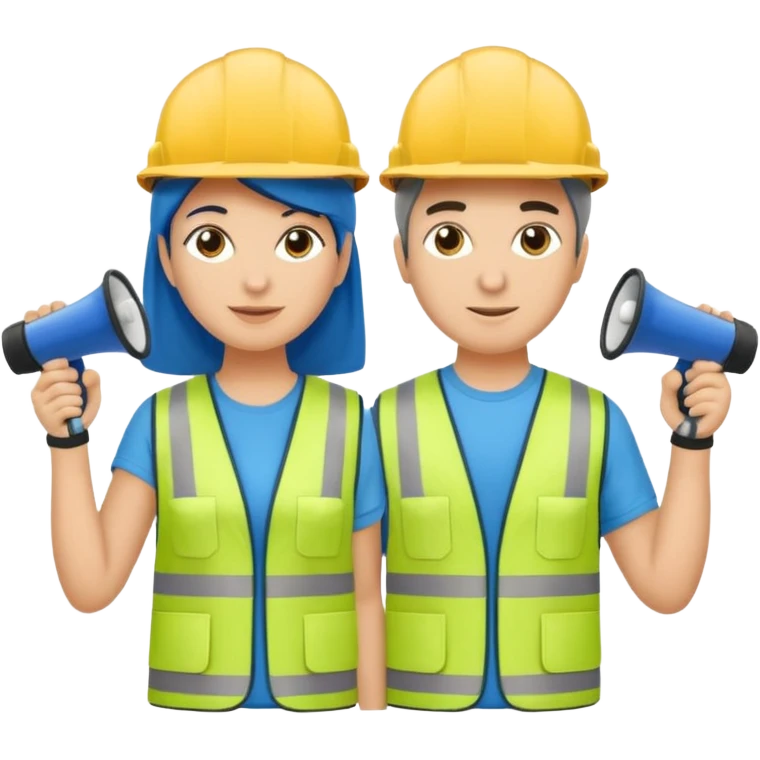 Duas pessoas com capacete de obras azul e um megafone na mão e camisa social cinza com faixas reflexivas verdes nos braços. Deve ser um homem e uma mulher. Os dois capacetes devem será azul escuro. emoji