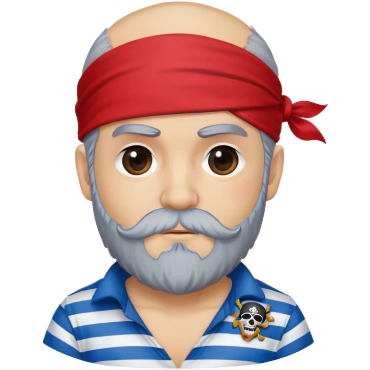 A cute pirate first mate, red bandana, eye patch, blue striped shirt, grey beard, logo, head only emoji
