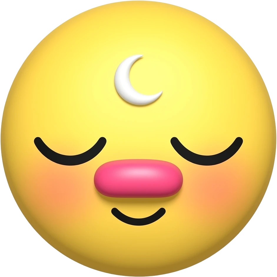 Gelber Emoji mit kleinen Mund süssen Augen, die geschlossen sind und rosa Blush die über die Nase geht so richtig viel aber schön hell rosa und der Mond ist ein bisschen höher bei dem Augen. emoji