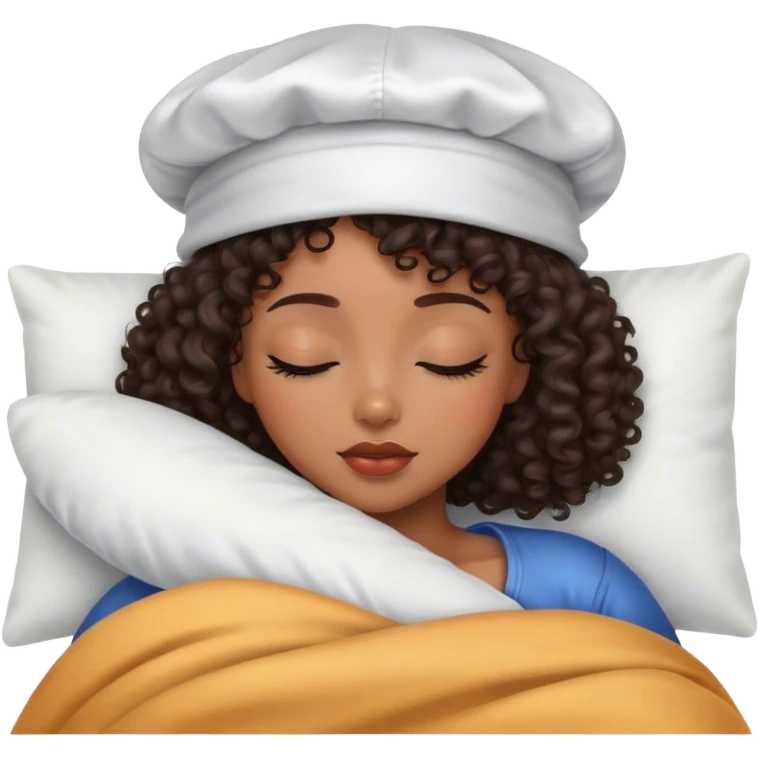 Brunette pretty black curly sleeping with satin cap cozy  emoji