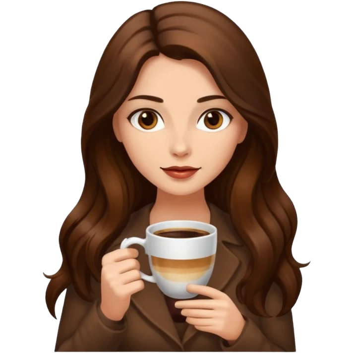 Brown long haired sexy woman with dark brown eyes with cup of coffee emoji