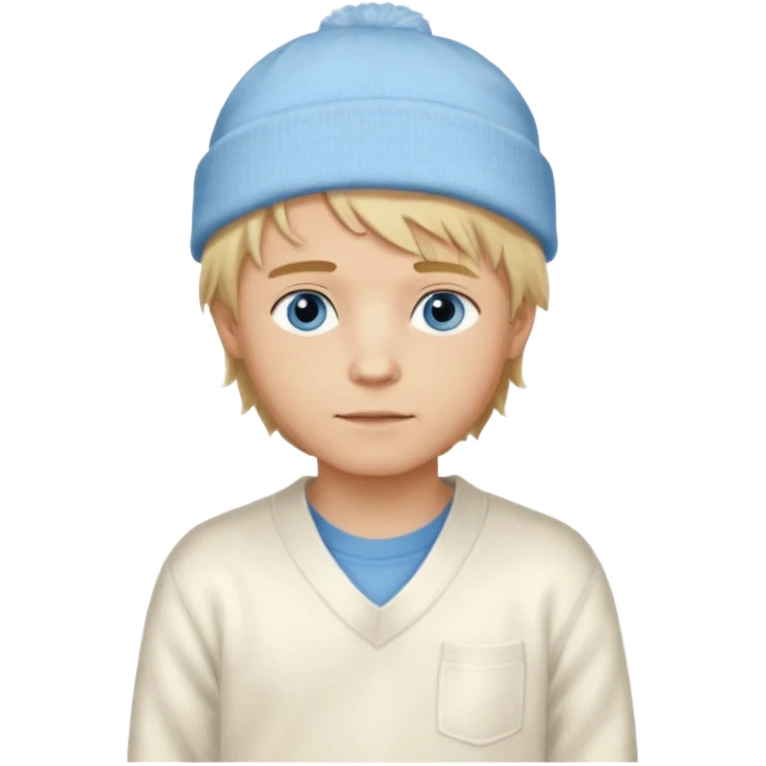 Create a look for a blond boy with long, tousled hair, light eyes, a white sweater, a wealthy appearance, blue eyes, and accessories like a Rolex or Cartier watch, and a cute face with messy hair down. blue eyes + + pajama white fluffy + cap fluffy emoji