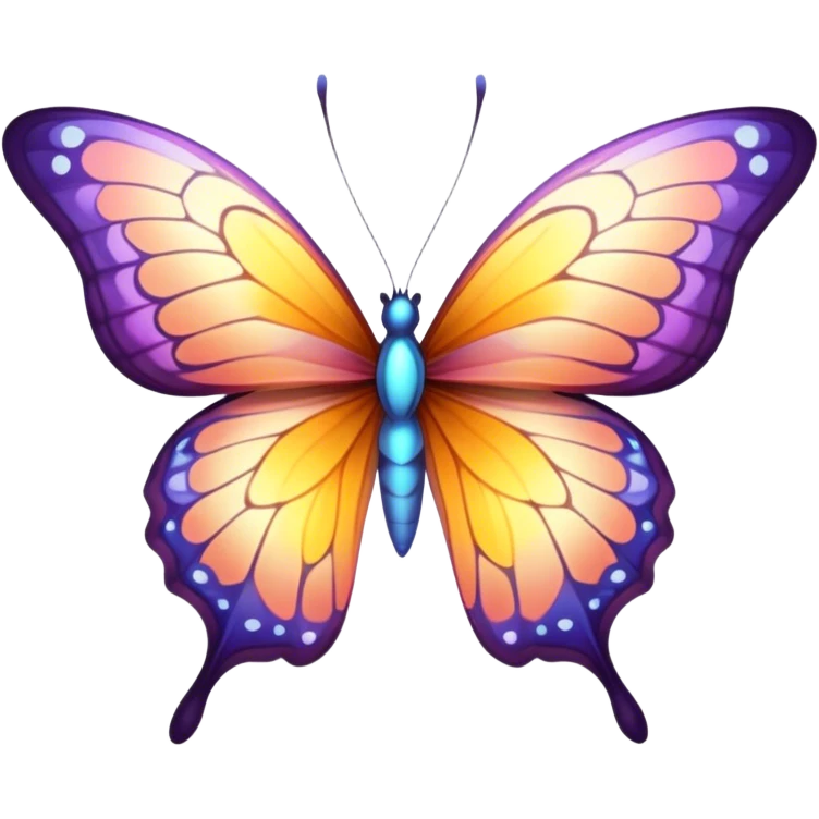 Cinematic Elegant Butterfly Portrait Emoji, Poised and ethereal, with delicate, intricately patterned wings in a kaleidoscope of soft, vibrant colors, a slender, graceful body, and gentle, observant eyes, Simplified yet exquisitely delicate features, highly detailed, glowing with a soft, radiant luminescence, high shine, intelligent and enchanting, stylized with an air of whimsical floral elegance, focused and poised, soft glowing outline, capturing the essence of a watchful butterfly that appears ready to flutter out of the screen with magical grace! emoji