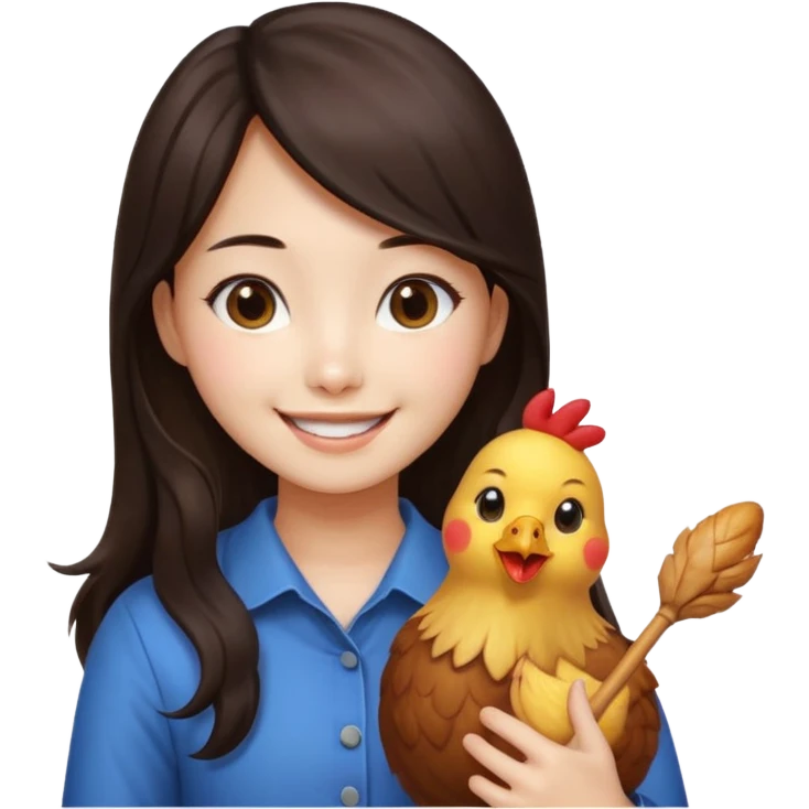 korean girl with long dark brown hair holding a chicken drumstick, emoji style emoji