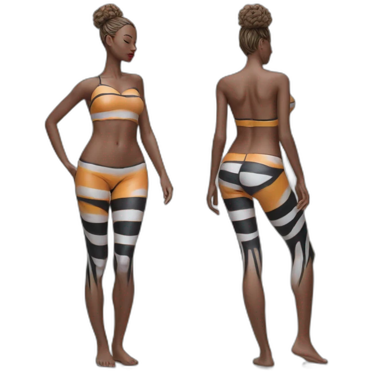 Hyper-realistic plastic fitness model in striped body paint from behind emoji