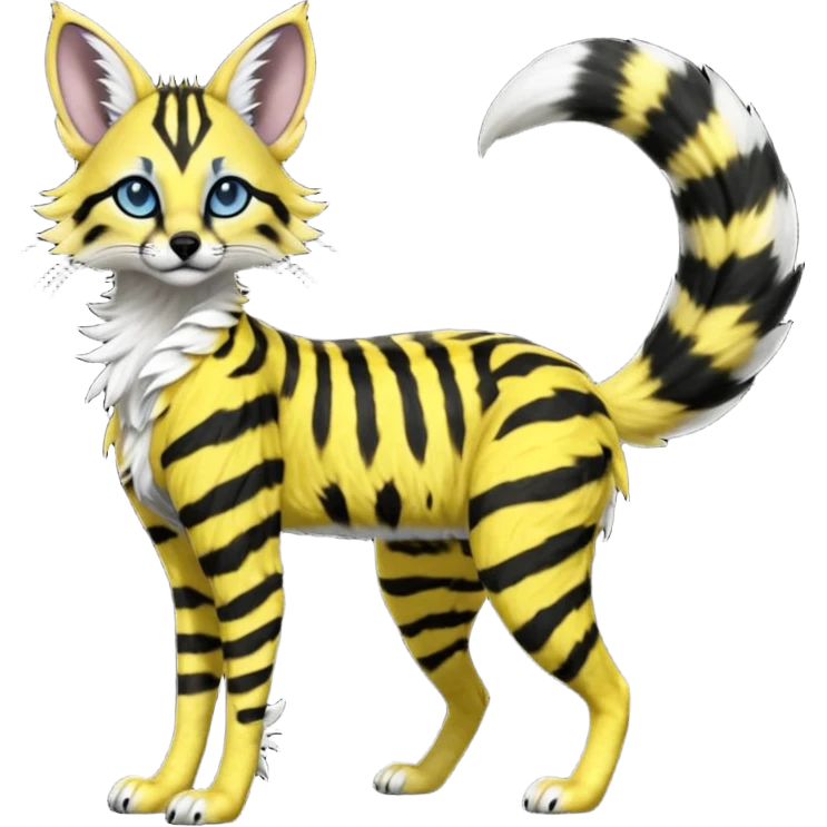 Edgy cool beautiful elegant spotted hype-realistic, black-maned, vibrant yellow Genet-Serval-Sergal-Margay-Fox-fusion-hybrid-furry-fursona, long muzzle snout, full body, with a long puffy fluffy black-and-white-striped tail, black long big ears, with natural blue eyes emoji