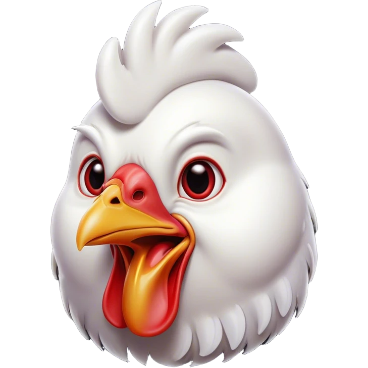 Cinematic Comical White Chicken Portrait Emoji, Head tilted dramatically with an exaggeratedly shocked or amused expression, featuring a sleek, immaculate white plumage with a prominent red comb, wide, expressive beady eyes filled with playful disbelief, Simplified yet hilariously expressive features, highly detailed, glowing with a slightly sassy glow, high shine, dramatic yet playful, stylized with an air of cheeky mischief, bright and endearing, soft glowing outline, capturing the essence of a spirited and over-the-top chicken, so meme-worthy it feels like it could cluck its way into internet fame instantly! emoji