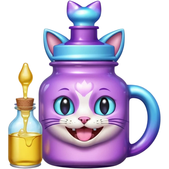 Smiling bottle of oil light purple top and light blue sticking tongue out and with cat ears emoji