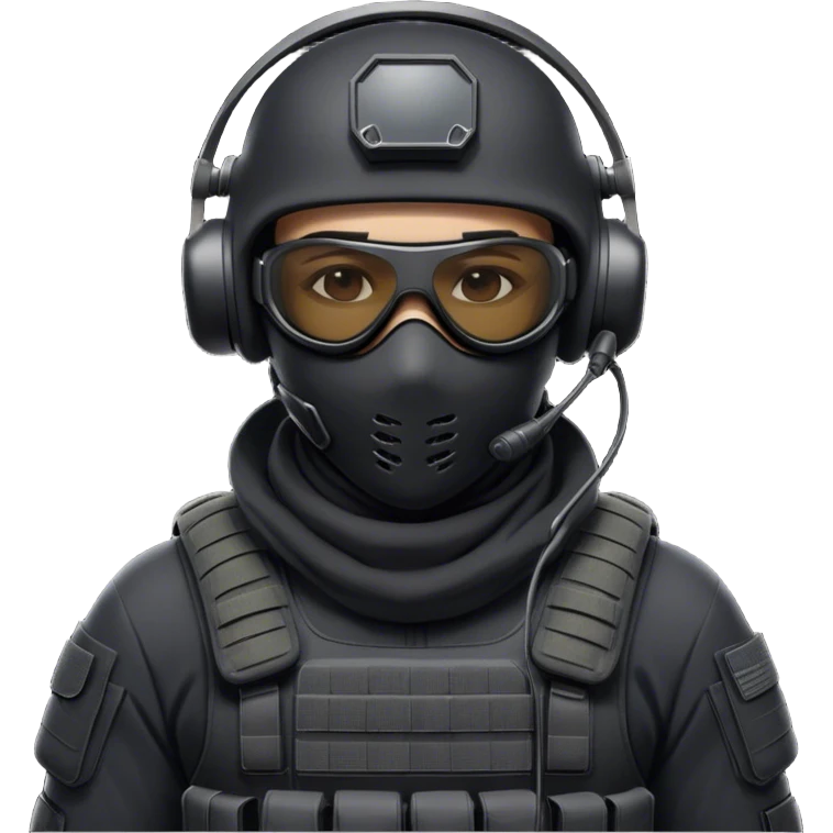 Futuristic special forces soldier wearing a white full-face balaclava, black wraparound sunglasses (only one pair of glasses), and a high-tech military headset with a microphone. Dressed in a dark tactical uniform with modern combat gear. emoji