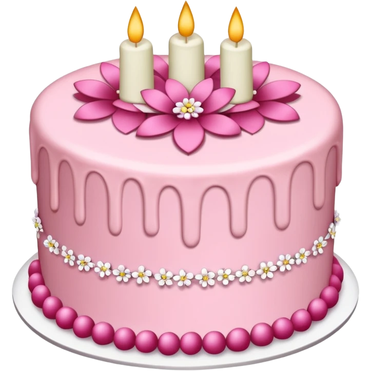 3 layer cake with pink frosting, crystals and flowers emoji