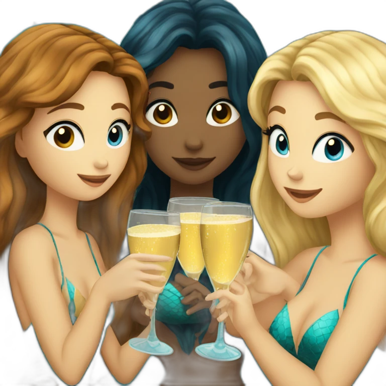 Three beautiful mermaids (two brown hair with brown eyes and blond one with blue eyes) drinking champagne emoji