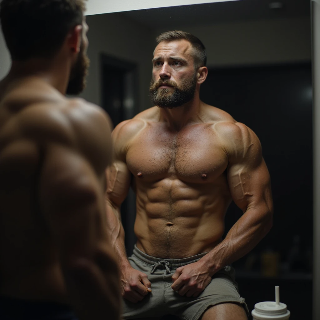realistic bodybuilder man very lean in cutting phase, bare chest in front of mirror, dry and less full muscles, visible veins, visibly lean body, worried or doubtful expression, gym background with dim light, protein shaker on bench emoji