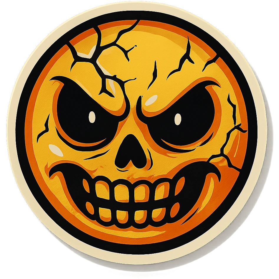 creepy scary emoji with cracks, retro stickers style, sharp black outlines, expressive shadows and highlights, no gradients, only sharp color transitions emoji