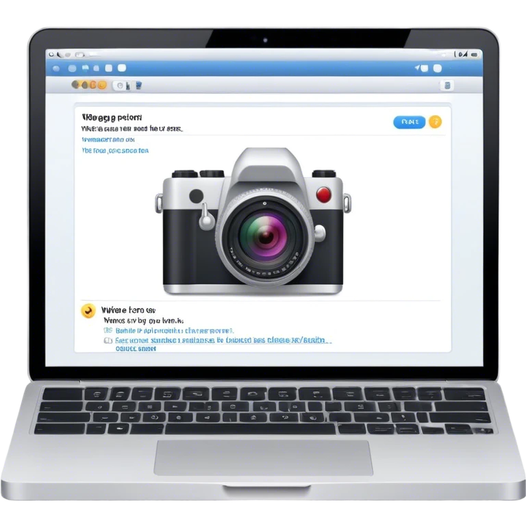 Create an emoji representing blogging. The design should feature an open laptop with a visible blog post on the screen, showing text. Add a photo or video camera to emphasize multimedia content. Do not include any emojis or smiley faces. Make the background transparent. emoji