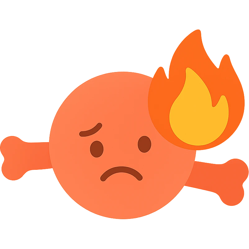 inflamed muscle or joint with fire symbol, sad face, orange-red color palette, medical cartoon icon emoji